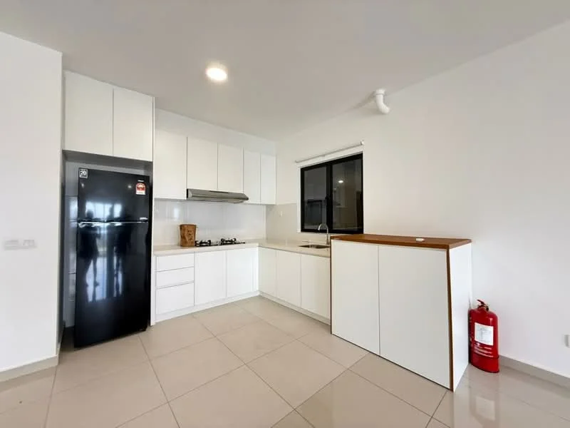 Kitchen features: white cabinetry, black refrigerator, stainless-steel gas hob, stainless-steel range hood, white countertop, single-bowl stainless-steel sink, window with black frame, light-colored tiled flooring, fire extinguisher, wooden countertop on island; style: modern.