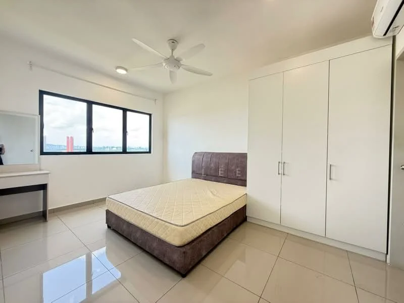 Bedroom features: queen-size bed, upholstered headboard, built-in wardrobe with sliding doors, white painted walls, ceiling fan, large window with city view, tile flooring, mirror on dressing table; style: modern; view: city.