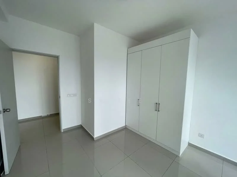 Room features: white painted walls, grey tiled flooring, built-in wardrobe with white finish, doorway leading to another room, natural light from window, minimalist design, no visible ceiling features, no visible decor; style: minimalist.