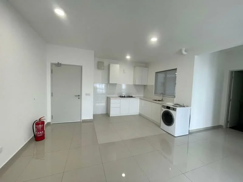 Kitchen features: white cabinetry, stainless-steel sink, 4-burner gas hob, built-in oven, white tiled backsplash, washing machine, grey tiled flooring, recessed LED downlights, fire extinguisher, window with natural light; style: modern.