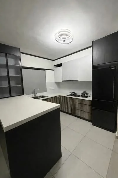 Kitchen features: white upper cabinets, black lower cabinets, wooden slat cabinetry, white countertop, stainless-steel sink, chrome pull-down faucet, built-in refrigerator, ceramic tile flooring, recessed ceiling lights, grey backsplash, open shelving, kitchen appliances; style: modern.