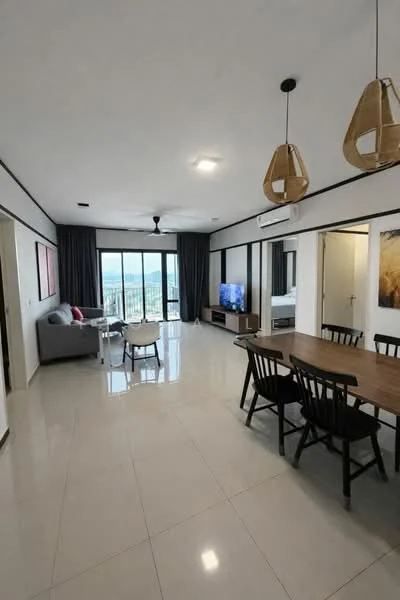 Living features: large floor-to-ceiling windows, grey fabric sofa, round coffee table, TV console with wall-mounted TV, dining table with black chairs, ceiling fan, recessed lighting, white painted walls, glossy tile flooring, black curtains, decorative wall art; style: modern; view: city.