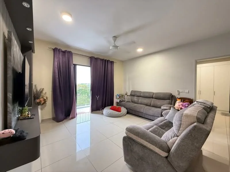 Living features: grey fabric sectional sofa, 2-seater grey fabric sofa, white walls, recessed downlights, 5-blade ceiling fan, large sliding glass door, floor-to-ceiling curtains in purple, white built-in cabinets, tile flooring, decorative wall shelf, TV mounted on wall, area rug, decorative plants; style: modern; view: garden.