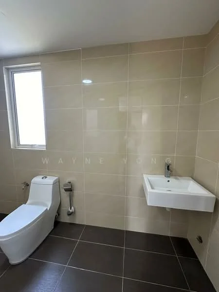 Bathroom features: white ceramic toilet, wall-mounted sink, chrome faucet, large window, light beige tiled walls, dark brown tiled flooring, recessed lighting; style: modern.