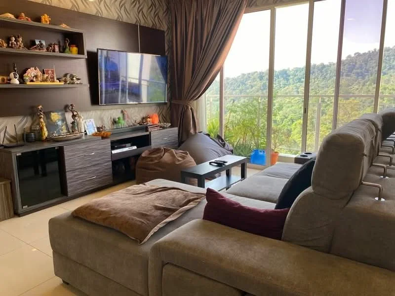 Living features: L-shape sectional sofa in grey, coffee table, wall-mounted TV, TV console, decorative shelf with figurines, large floor-to-ceiling windows, curtains, bean bag chair, decorative plants, neutral wall color with patterned accent wall, tile flooring; style: modern; view: mountain.