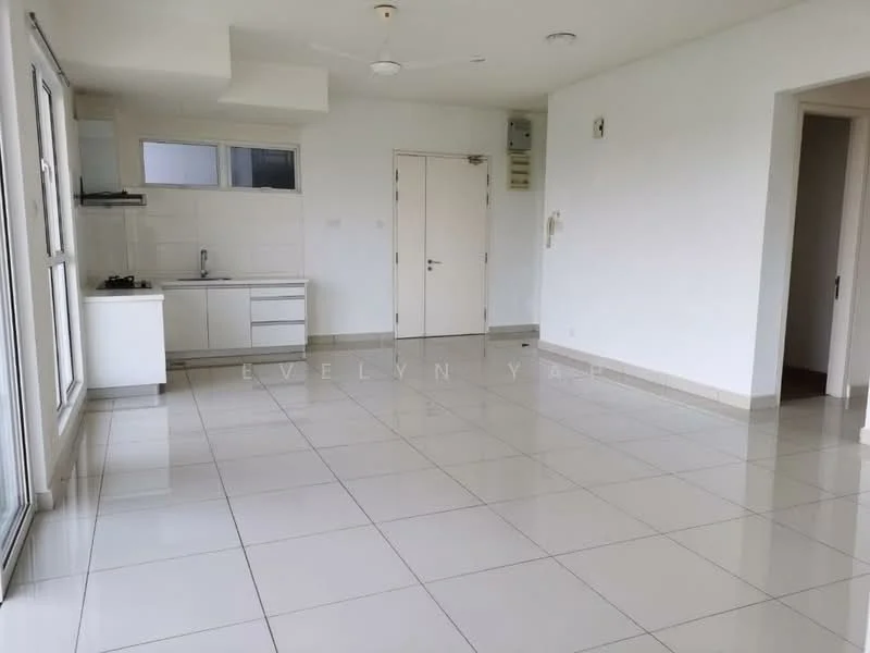 Living features: white painted walls, glossy ceramic tile flooring, ceiling fan, floor-to-ceiling windows, kitchenette with white cabinetry, single-bowl stainless-steel sink, built-in gas stove, countertop, open layout, natural light from windows; style: modern.