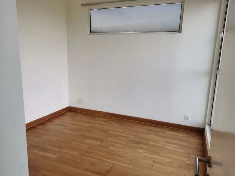 Room features: wooden flooring, white painted walls, large window, door with handle, natural light.