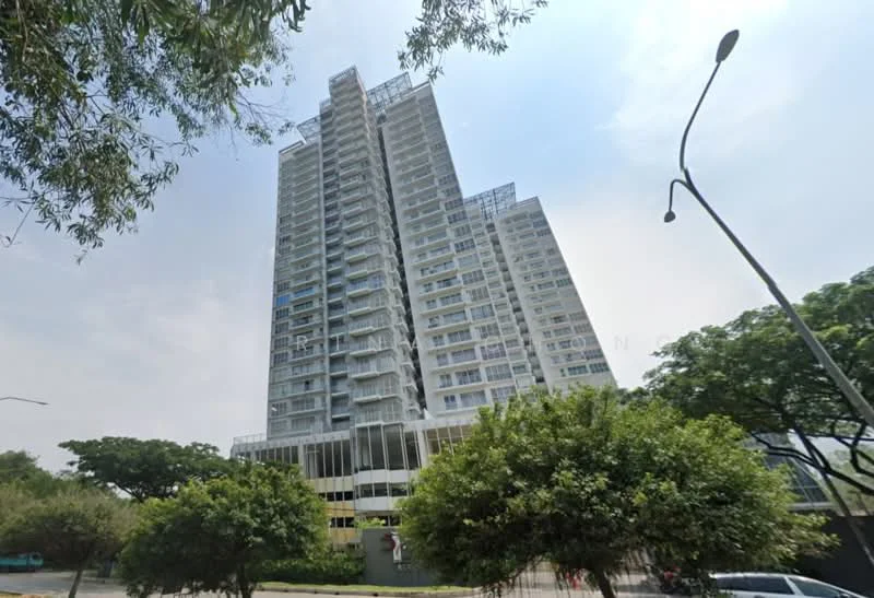 Exterior type: high-rise condominium; features: glass curtain wall, white painted facade, recessed balconies, approximately 20-storey high-rise, manicured lawn, mature trees, surrounded by greenery; style: modern.