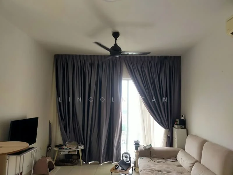 Living features: beige fabric sofa, wall-mounted TV, coffee table, 5-blade ceiling fan, floor-to-ceiling windows, grey curtains, light-colored tiled flooring, decorative items on table; style: modern; view: city.