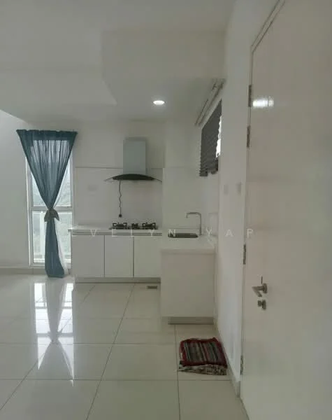 Kitchen features: white cabinetry, single-bowl stainless-steel sink, chrome pull-down faucet, 4-burner gas hob, exhaust hood, white tiled backsplash, white walls, ceramic tile flooring, large window with sheer curtains, recessed downlights; style: modern.