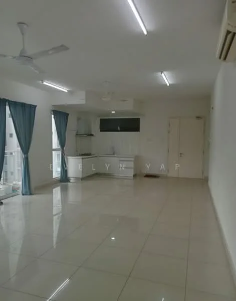 Living features: white painted walls, glossy tile flooring, 5-blade ceiling fan, recessed downlights, floor-to-ceiling windows, sliding glass door, curtains in light blue, air conditioning unit, kitchen area with cabinets, kitchen countertop, built-in appliances, open layout; style: modern; view: city.