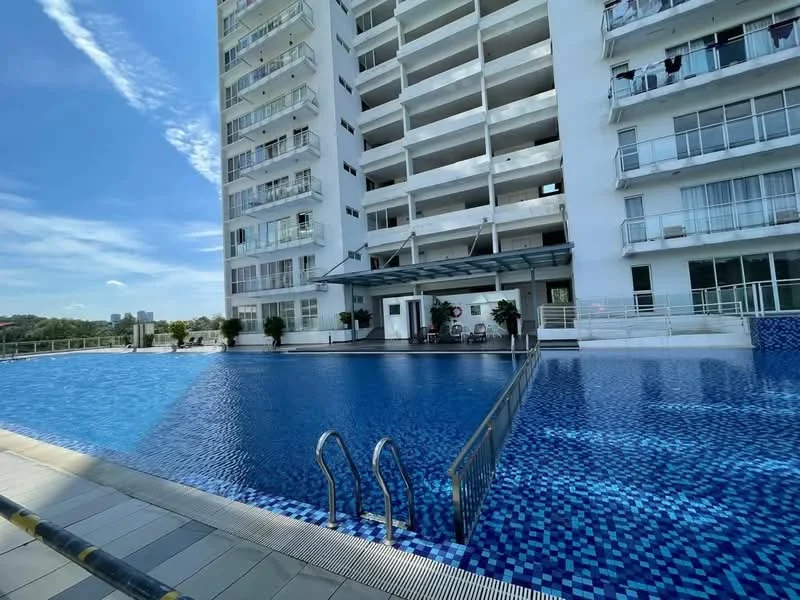 Exterior type: high-rise condominium; features: infinity pool, pool deck with loungers, glass railing, white painted facade, balconies with glass panels, landscaped area with potted plants, outdoor seating area, tile cladding around pool, surrounded by greenery; style: modern.