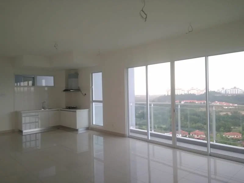 Living features: large floor-to-ceiling windows, white painted walls, glossy ceramic tile flooring, open-plan layout, kitchenette with white cabinetry, stainless-steel gas hob, stainless-steel range hood, neutral color scheme, recessed downlights, panoramic view of greenery, no visible furniture; style: modern; view: garden.