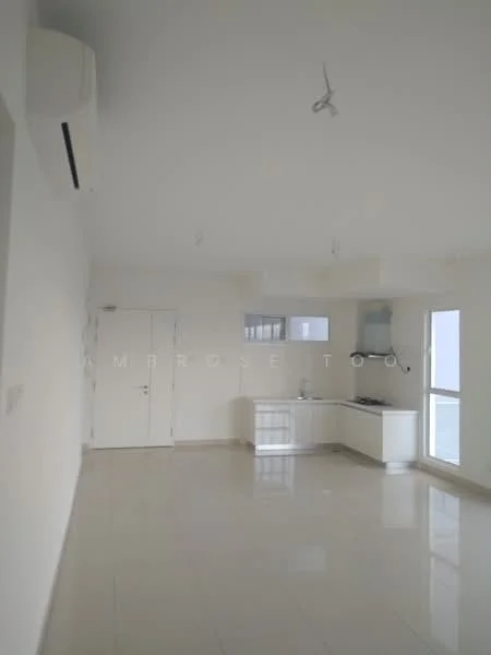 Living features: white painted walls, glossy tile flooring, recessed downlights, wall-mounted split AC, kitchen area with white cabinetry, stainless-steel range hood, built-in oven, cooktop, floor-to-ceiling windows, sliding glass door; style: modern; view: city.