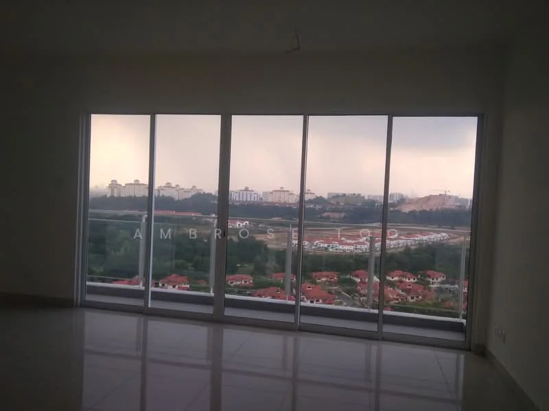 Room features: floor-to-ceiling windows, white walls, marble tile flooring, city view, natural light, open space, neutral color palette; style: modern; view: city.