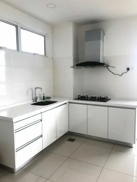 Kitchen features: white cabinetry with flat-panel doors, single-bowl stainless-steel sink, chrome pull-down faucet, gas cooktop with 5 burners, stainless-steel range hood, white tiled backsplash, grey tiled flooring, two windows providing natural light; style: modern.