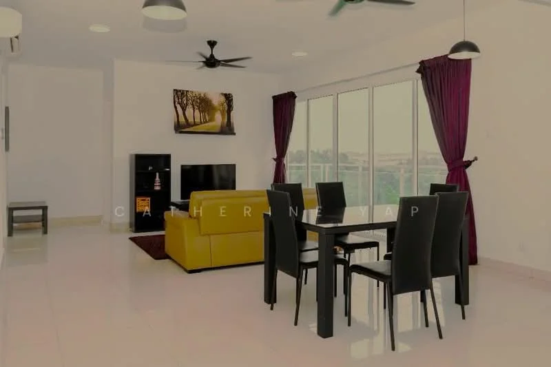 Living features: 3-seater yellow leather sofa, black dining table with 4 black chairs, wall-mounted TV, TV console in dark wood, floor-to-ceiling windows, purple curtains, ceiling fan with light, recessed lighting, cream painted walls, white tiled flooring; style: modern; view: city.