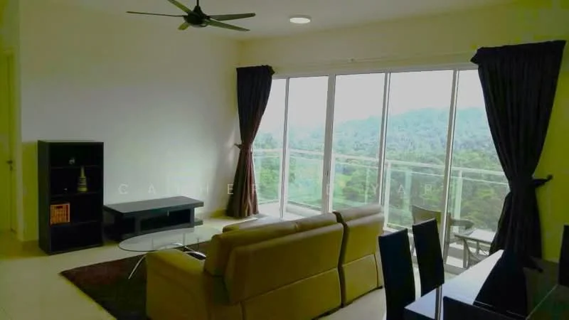 Living features: 3-seater fabric sofa in beige, coffee table, TV console, wall-mounted TV, area rug, floor-to-ceiling windows, blackout curtains, ceiling fan, recessed downlights, light-colored walls, tile flooring, mountain view; style: modern; view: mountain.