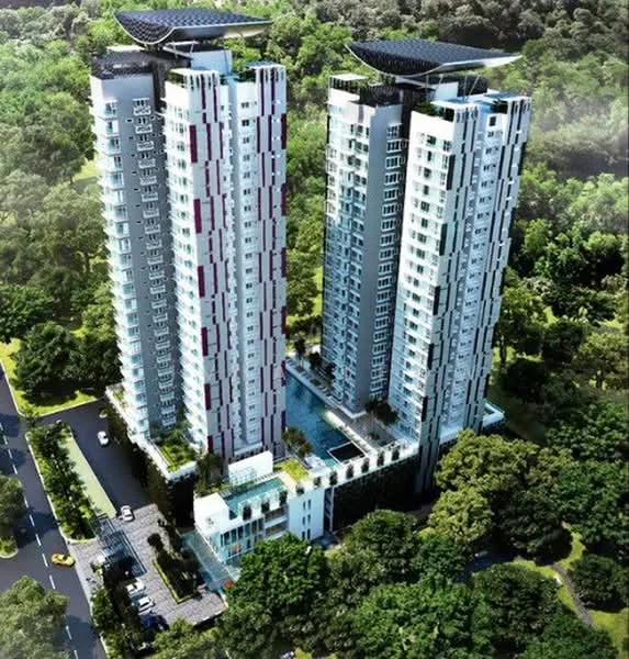 Exterior type: high-rise condominium; features: glass curtain wall, white painted facade, green landscaping with trees, outdoor pool area, balconies on upper floors, solar panels on roof, manicured lawn, driveway with interlocking pavers, surrounded by greenery, multiple storeys, modern architectural design; style: modern.