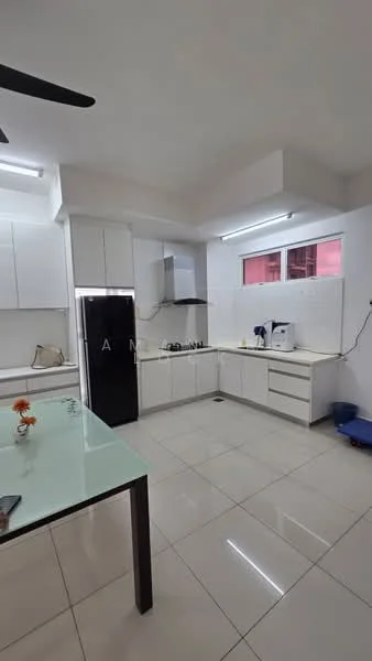 Kitchen features: white cabinetry, black refrigerator, stainless-steel range hood, built-in oven, ceramic tile flooring, single-bowl stainless-steel sink, chrome pull-down faucet, white countertop, window above sink, recessed lighting, ceiling fan; style: modern.