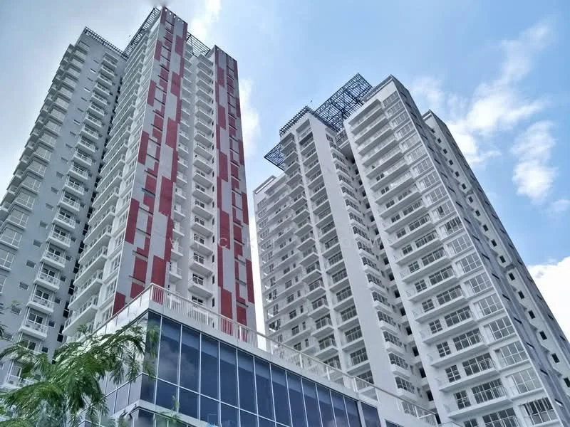 Exterior type: high-rise condominium; features: glass curtain wall, red and white painted facade, recessed balconies, approximately 20-storey high-rise, outdoor terrace area, visible air conditioning units, modern architectural design; style: modern.