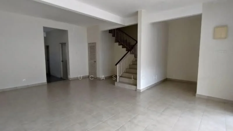 Room features: light beige tiled flooring, white painted walls, staircase with wooden handrail, doorway leading to another room, doorway leading to a closet, large open space, natural light from windows, neutral color scheme; style: modern.