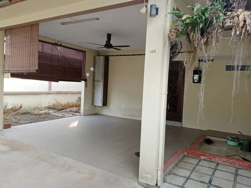Room features: tiled flooring, ceiling fan, wall-mounted light fixture, blinds on windows, exposed brick wall, open space layout, potted plants, concrete wall, door to outside area; style: modern; view: garden.