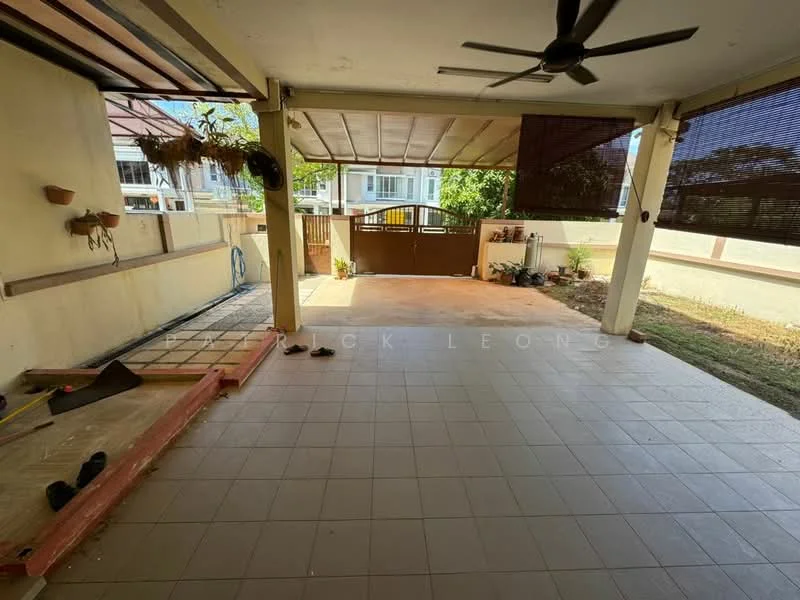 Room features: tiled flooring, ceiling fan, covered patio, sliding door, wooden gate, outdoor space, fenced area, wall-mounted planters; style: modern; view: garden.