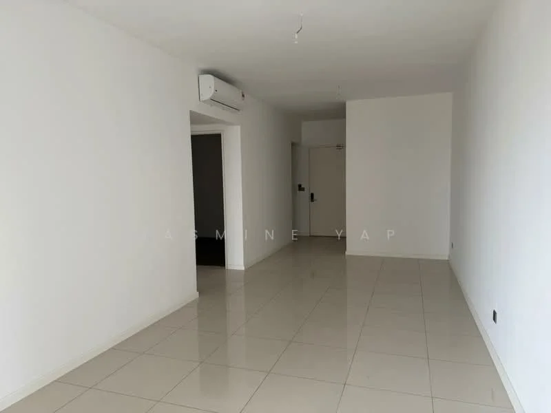 Room features: white painted walls, glossy ceramic tile flooring, 1 wall-mounted split AC, recessed ceiling lights, neutral color scheme, open layout, no visible furniture, single door, door frame, light switch; style: modern.