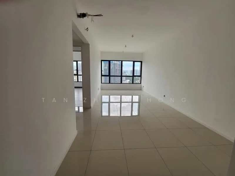 Living features: white painted walls, glossy tile flooring, floor-to-ceiling windows, city view, recessed downlights, open layout, neutral color scheme, minimalist decor; style: modern; view: city.