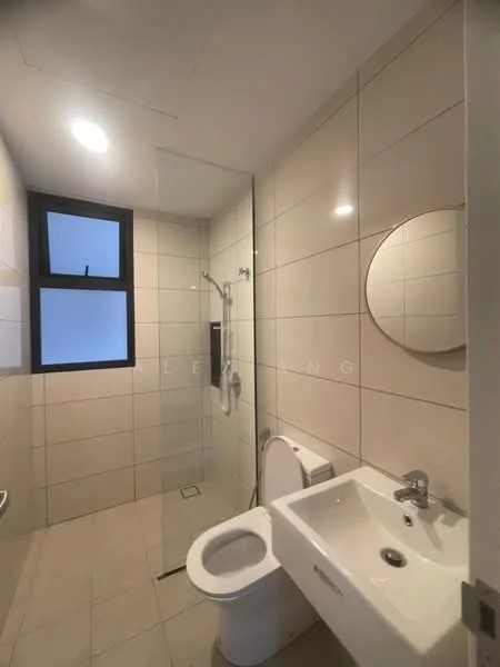 Bathroom features: white tiled walls, light grey floor tiles, walk-in shower with glass enclosure, chrome shower head, chrome handheld shower, single-sink vanity with white cabinet, chrome basin mixer faucet, round mirror, one-piece toilet, window with black frame; style: modern.