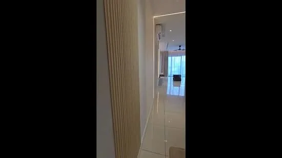 Room features: white painted walls, glossy tile flooring, recessed downlights, ceiling fan, large windows, curtains, open space layout; style: modern.