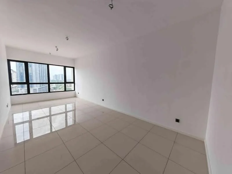 Living features: white painted walls, glossy ceramic tile flooring, floor-to-ceiling windows, city view, recessed downlights, 2 wall-mounted AC units, open layout, neutral color scheme; style: modern; view: city.