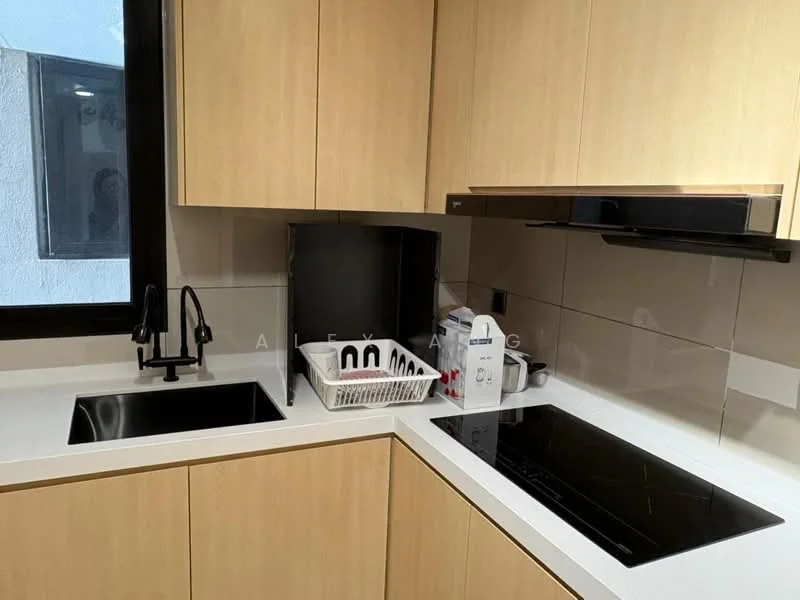 Kitchen features: single-bowl stainless-steel sink, black gooseneck faucet, white quartz countertop, wood cabinetry with light finish, built-in induction cooktop, black backsplash, dish rack, kitchen utensils, window with view to exterior; style: modern.