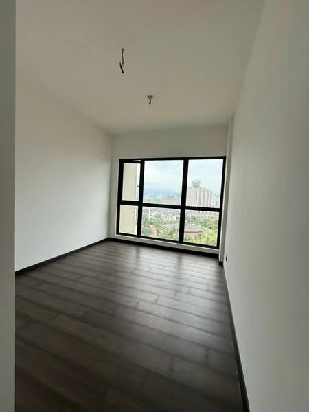 Room features: white painted walls, dark wood flooring, floor-to-ceiling windows, city view; style: modern; view: city.