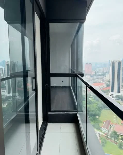 Room features: glass balcony railing, floor-to-ceiling windows, grey tiled flooring, black framed glass doors, city skyline view, covered balcony, outdoor space; style: modern; view: city.