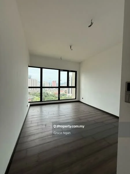 Room features: white painted walls, wooden flooring, floor-to-ceiling windows, city view, recessed downlights, two visible ceiling light fixtures; style: modern; view: city.