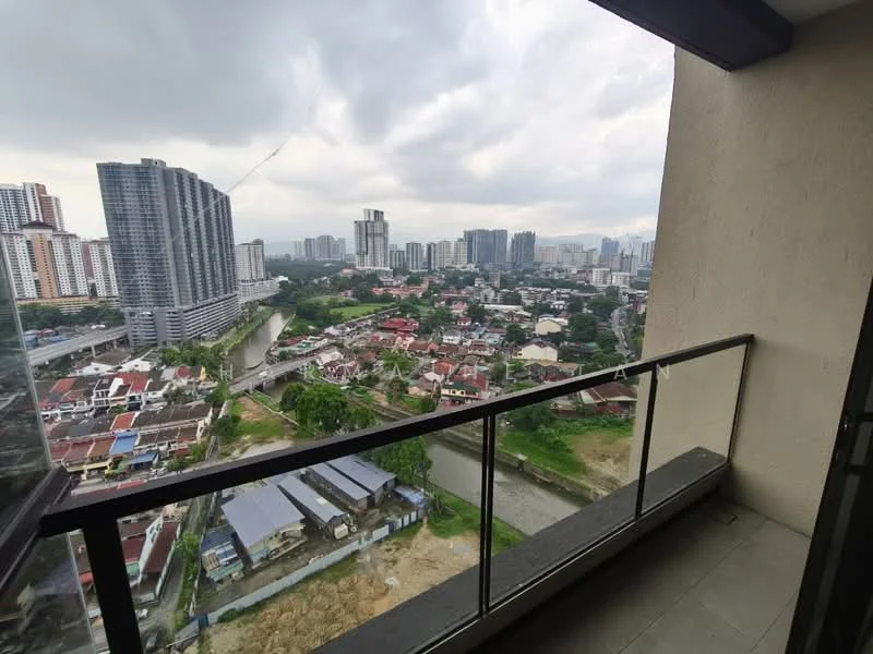 Room features: glass balcony railing, tile flooring, city skyline view, river view, surrounding greenery, urban landscape, overcast sky; style: modern; view: city.