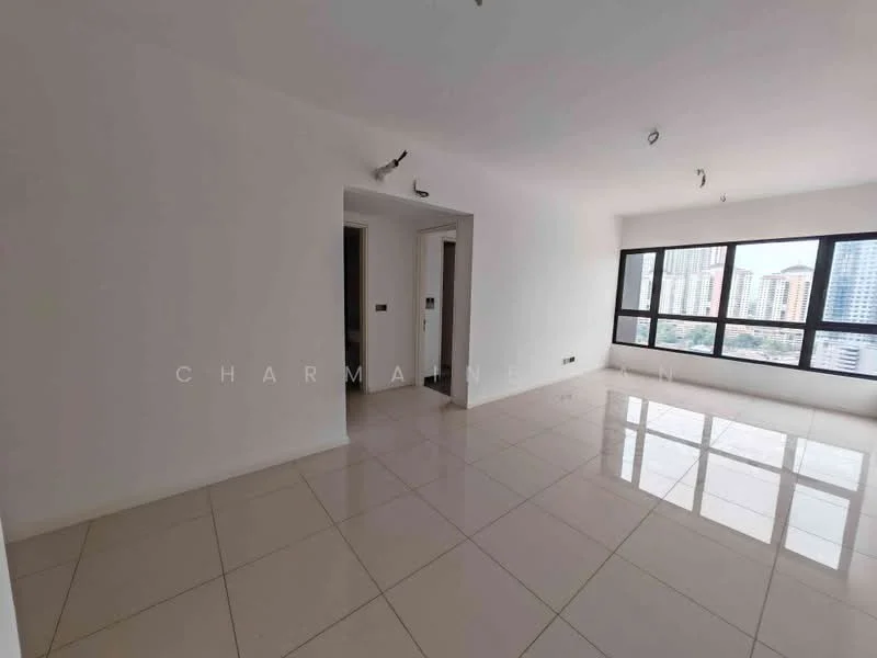 Living features: white painted walls, glossy tile flooring, floor-to-ceiling windows, city view, recessed downlights, open layout, neutral color scheme, no visible furniture; style: modern; view: city. Room features: doorway leading to other rooms, neutral color scheme.