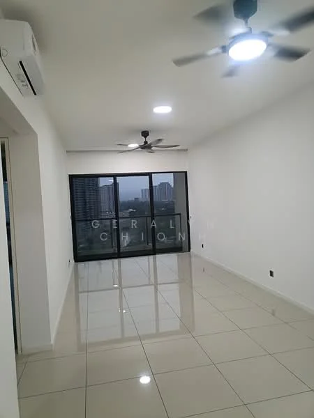 Living features: white painted walls, glossy ceramic tile flooring, 5-blade ceiling fan with light, recessed LED downlights, floor-to-ceiling windows, sliding glass door, city view, air conditioning unit on wall; style: modern; view: city.