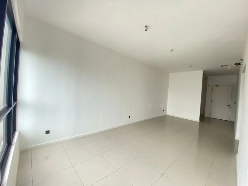 Room features: white painted walls, glossy ceramic tile flooring, large windows, recessed downlights, neutral ceiling, open layout, no visible furniture, minimal decor; style: minimalist.