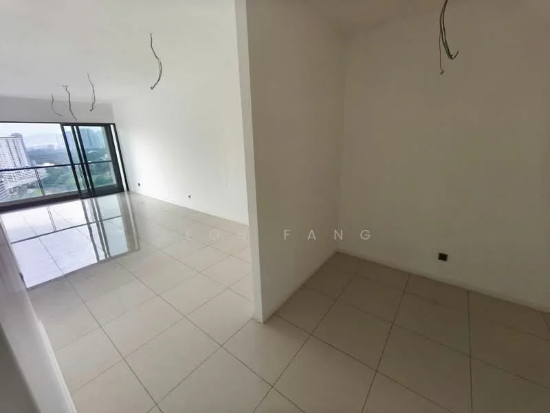 Room features: white painted walls, glossy tile flooring, large floor-to-ceiling windows, city view, exposed ceiling wiring, open layout, natural light, neutral color scheme; style: modern; view: city.