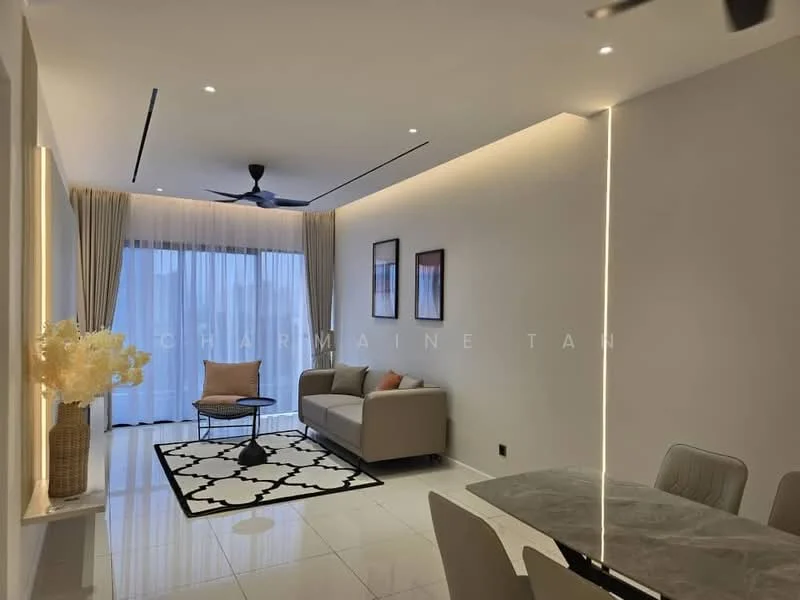 Living features: white painted walls, polished tile flooring, 5-blade ceiling fan with light, floor-to-ceiling windows, sheer curtains, sofa in light grey, coffee table, area rug with geometric pattern, two framed artworks, decorative plant in ceramic pot; style: modern.