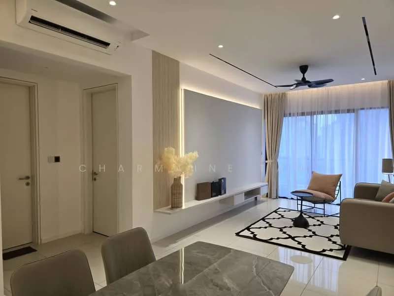 Living features: white painted walls, marble tile flooring, 5-blade ceiling fan with light, floor-to-ceiling windows, sheer curtains, wall-mounted TV, light wood feature wall, decorative wall shelf, area rug with geometric pattern, upholstered armchair, sofa, dining table with chairs; style: modern. Room features: white painted walls, marble tile flooring, door leading to hallway.