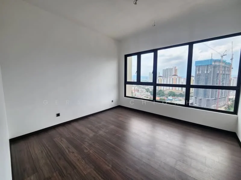 Room features: white painted walls, dark wood laminate flooring, floor-to-ceiling windows, city view, no visible furniture, minimalist design, high ceiling, natural light; style: modern; view: city.