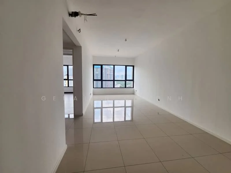 Living features: white painted walls, glossy ceramic tile flooring, floor-to-ceiling windows, city view, recessed downlights, open layout, neutral color scheme, no visible furniture; style: modern; view: city.