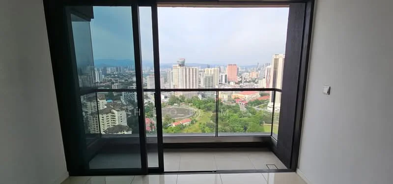 Room features: floor-to-ceiling windows, sliding glass door, city skyline view, white walls, tile flooring; style: modern; view: city.