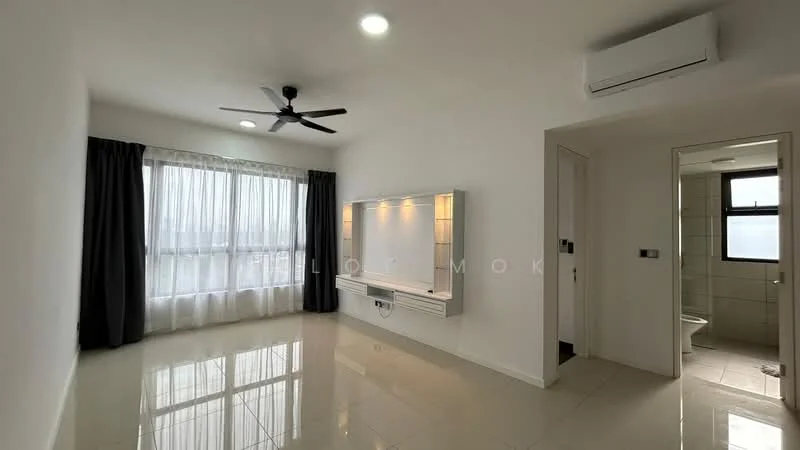 Living features: white painted walls, glossy tile flooring, 5-blade ceiling fan with light, floor-to-ceiling windows, sheer curtains, wall-mounted TV console, recessed lighting, air conditioning unit; style: modern. Room features: white painted walls, glossy tile flooring, doorway to bathroom.