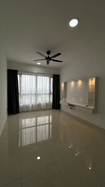 Living features: white painted walls, polished ceramic tile flooring, 5-blade ceiling fan with light, floor-to-ceiling windows, sheer curtains, wall-mounted TV console, recessed lighting, mirror panel, natural light, neutral color scheme; style: modern.