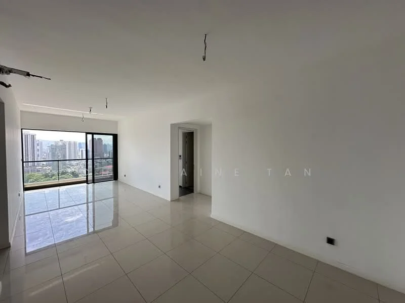 Room features: white painted walls, glossy ceramic tile flooring, floor-to-ceiling windows, city view, recessed ceiling lights, open layout, no visible furniture, neutral color scheme; style: modern; view: city.